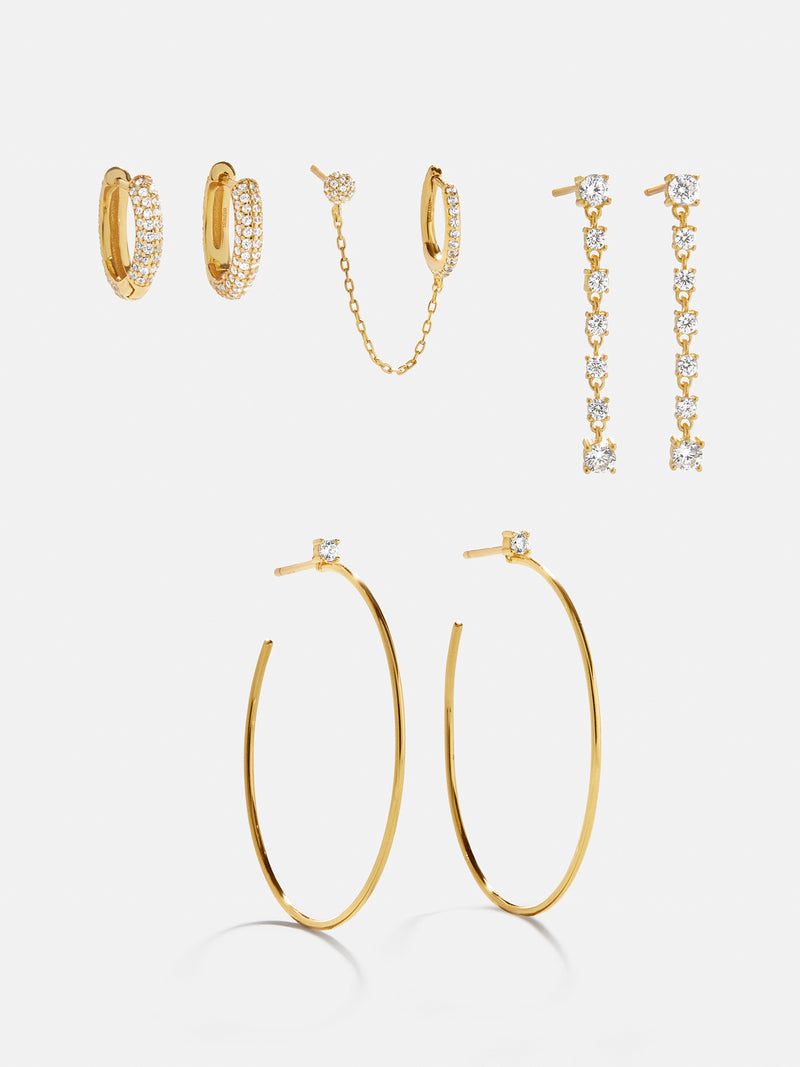 BaubleBar Leighton 18K Gold Earring Set - Gold/Pavé - 
    18K Gold Plated Sterling Silver, Cubic Zirconia stones
  
