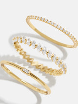 BaubleBar Molly 18K Gold Ring Set - Gold/Pavé - 
    Set of three 18K gold plated sterling silver rings