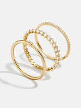BaubleBar Molly 18K Gold Ring Set - Gold/Pavé - 
    Set of three 18K gold plated sterling silver rings