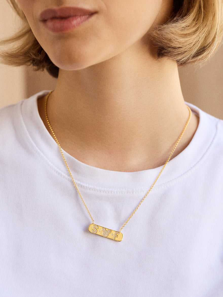 Mickey Mouse 18K Gold & Cubic Zirconia Initial Bar Necklace - Gold/Pavé