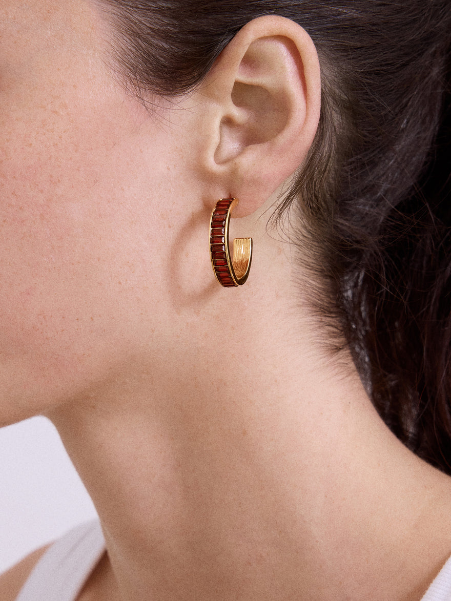 Game Day Baguette Hoop Earrings - Dark Red
