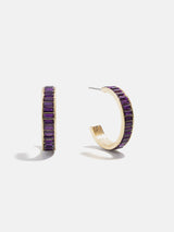 BaubleBar Game Day Baguette Hoop Earrings - Dark Purple - 
    Gold hoops with bedazzled stones
