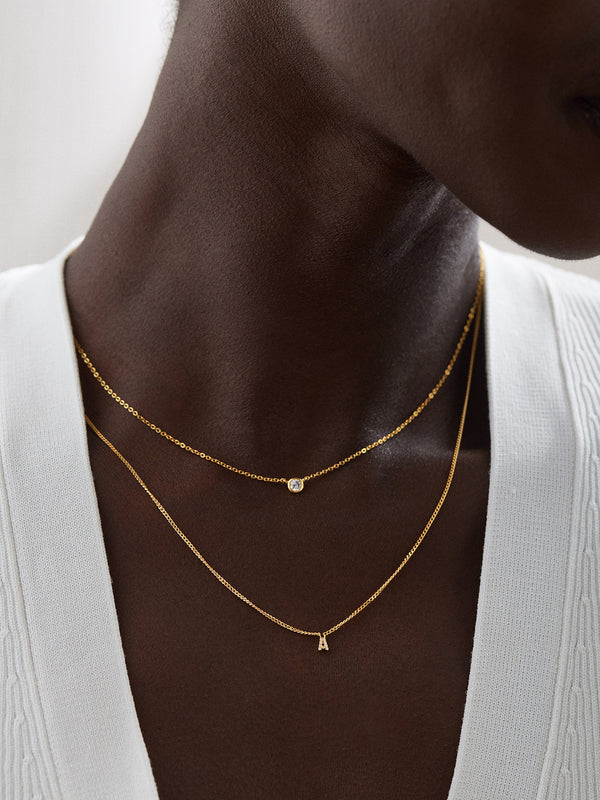 18K Gold Mini Initial Necklace - Gold/Pavé