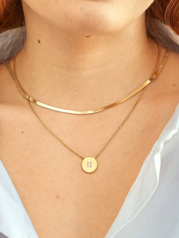 18K Gold Single Initial Custom Disc Necklace - Clear/Gold