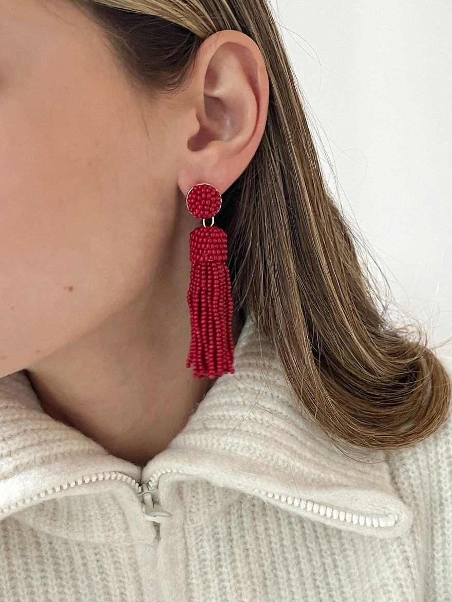 Maren Tassel Statement Earrings - Red
