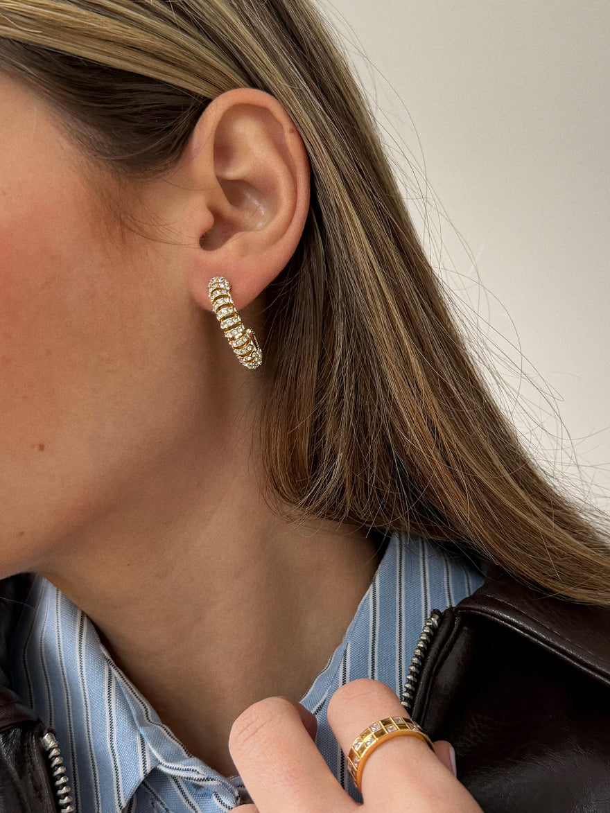 Gold and Crystal Tube Hoop Earrings - Gold/Pavé