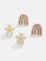 BaubleBar Happy Days Kids' Earring Set - Happy Days Rainbow & Flower - Two pairs of kids' clip-on earrings