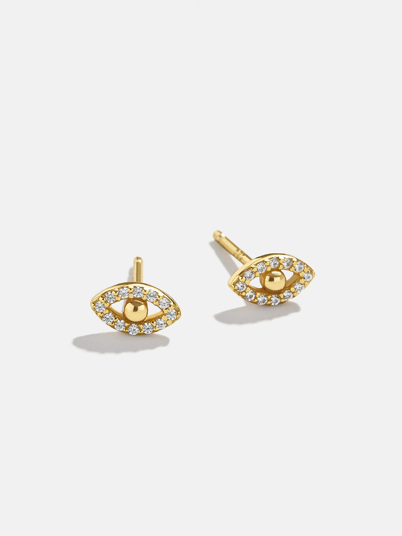 BaubleBar Silma 18K Gold Earrings - Mini Evil Eye - 
    18K Gold Plated Sterling Silver, Cubic Zirconia stones
  
