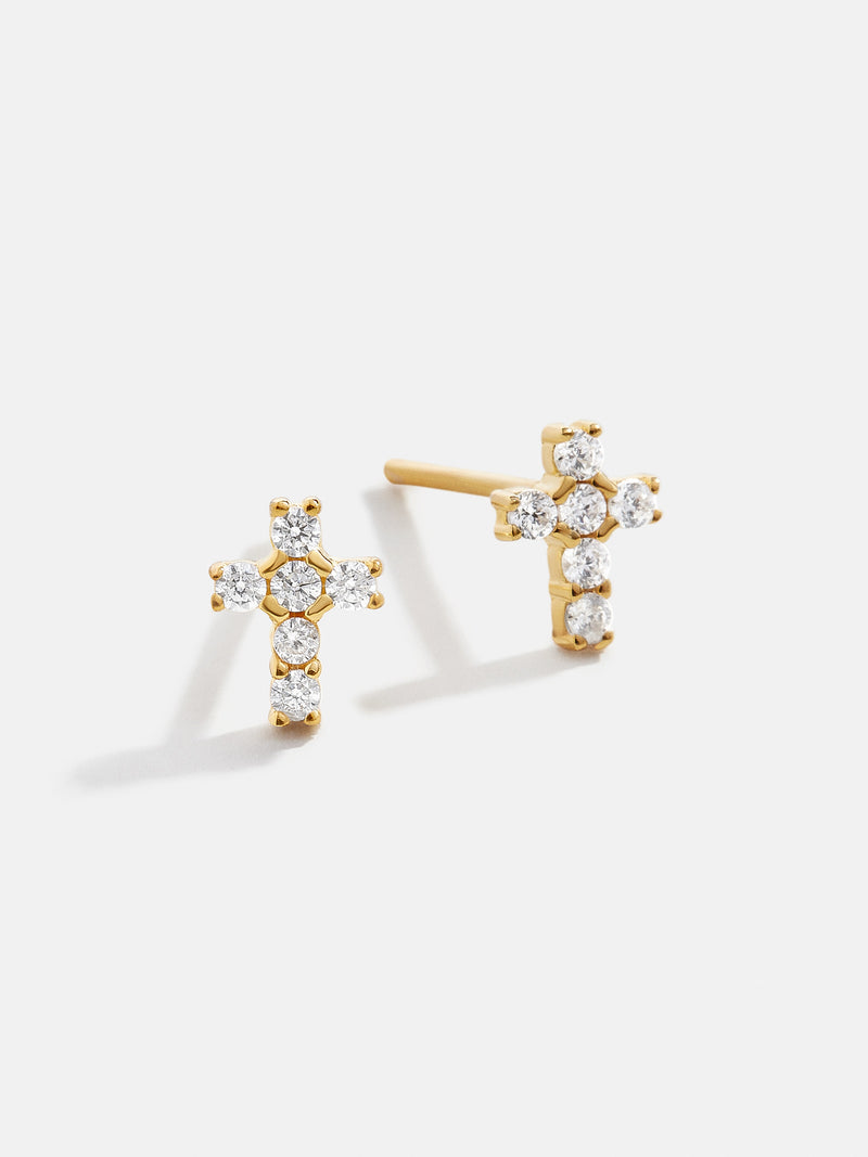 BaubleBar Christina 18K Gold Earrings - Pavé Cross - 
    18K Gold Plated Sterling Silver, Cubic Zirconia stones
  
