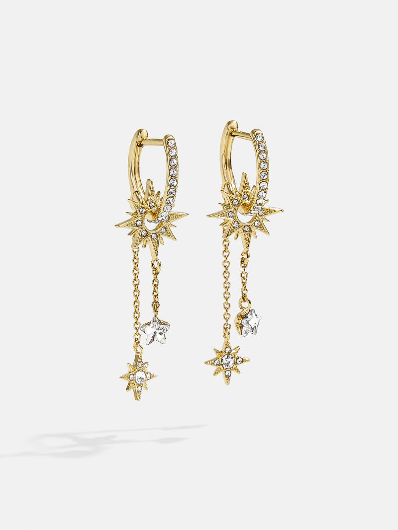 Galaxy Earrings Clear Gold Crystal star huggie hoop earrings BaubleBar