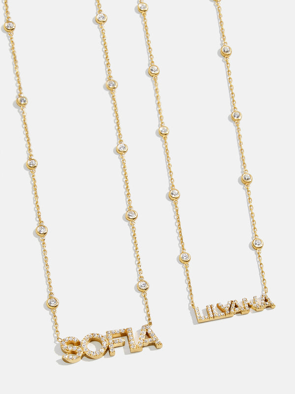 18K Gold Custom Yasmine Nameplate Necklace - Clear/Gold