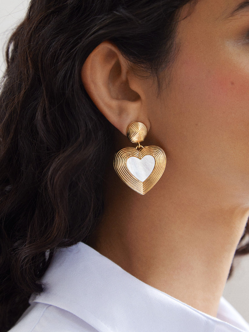 Haley Earrings - Gold Ribbed Heart – Gold heart drop statement earrings ...