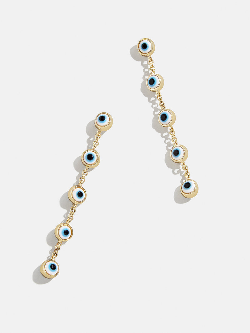 Eye to Eye Earrings Blue Gold Evil eye earring drops BaubleBar