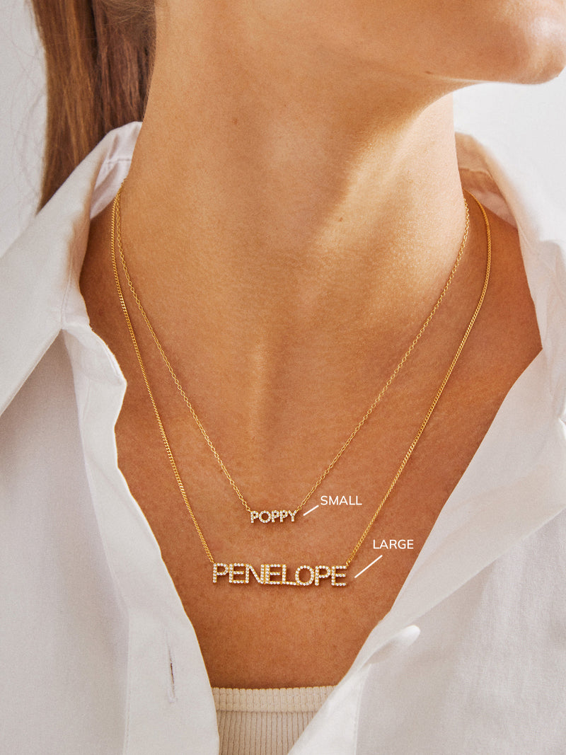 BaubleBar Pavé Custom Nameplate Necklace - Large - 
    18K Gold Plated Sterling Silver, Cubic Zirconia stones
  
