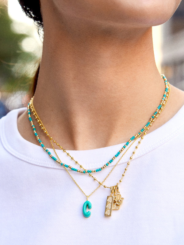 Mini Bubble Initial Enamel Necklace - Turquoise