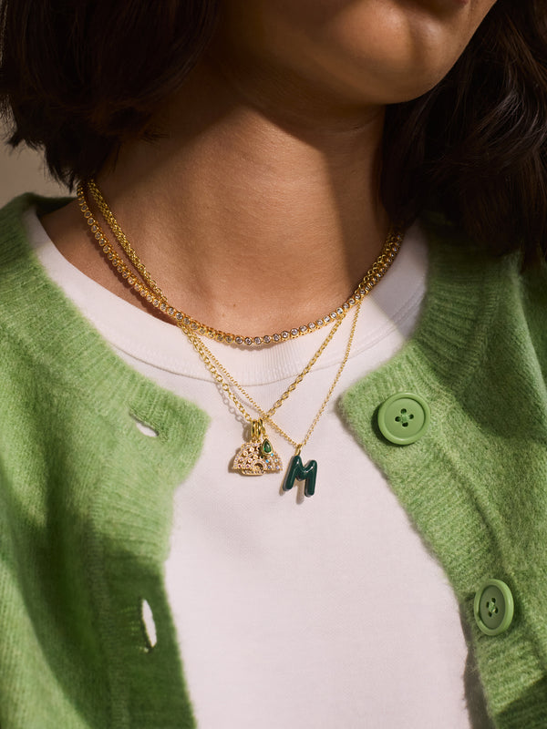 Mini Bubble Initial Enamel Necklace - Dark Green