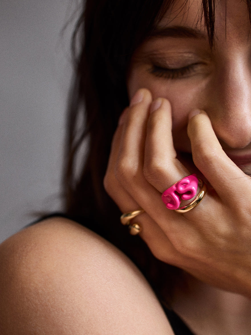 Block Enamel Custom Initial Ring - Hot Pink