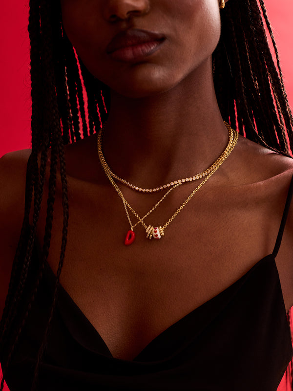 Mini Bubble Initial Enamel Necklace - Dark Red