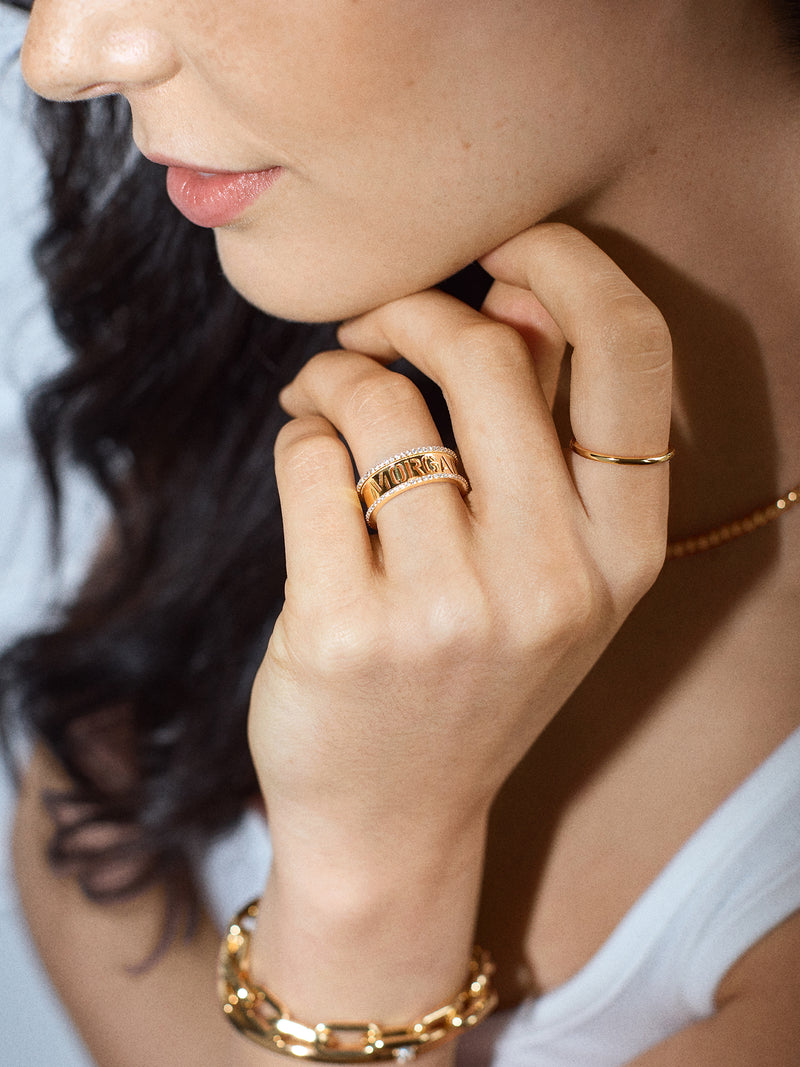 BaubleBar 18K Gold Custom Barrel Name Cutout Ring - Gold/Pavé - 
    18K Gold Plated Sterling Silver, Cubic Zirconia
  
