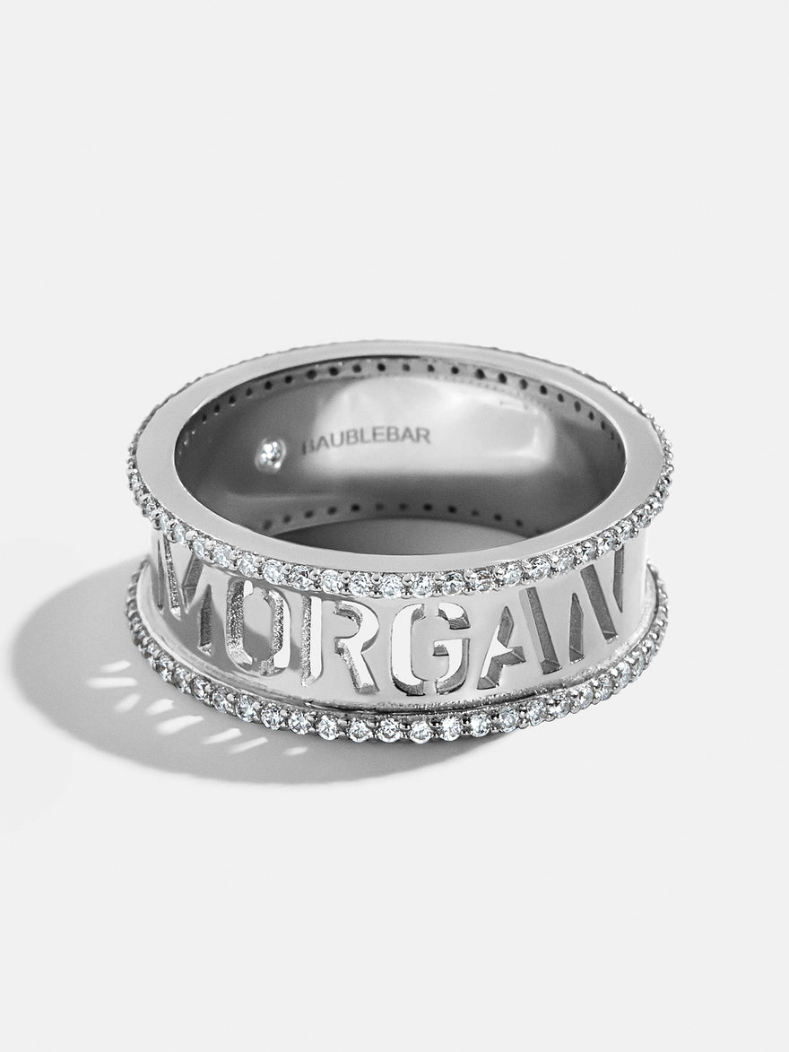 Sterling Silver Cutout Custom Name Ring - Pavé/Silver