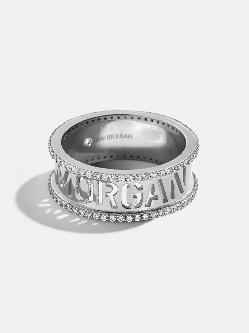 Sterling Silver Cutout Custom Name Ring - Pavé/Silver