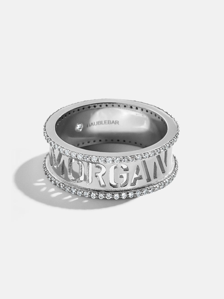 Sterling Silver Cutout Custom Name Ring - Pavé/Silver