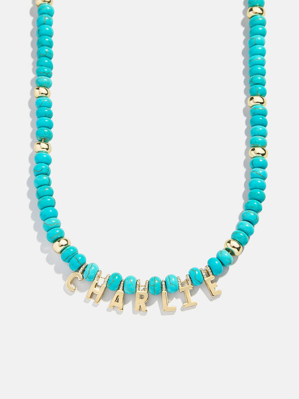Custom Semi-Precious Nameplate Necklace - Gold/Blue