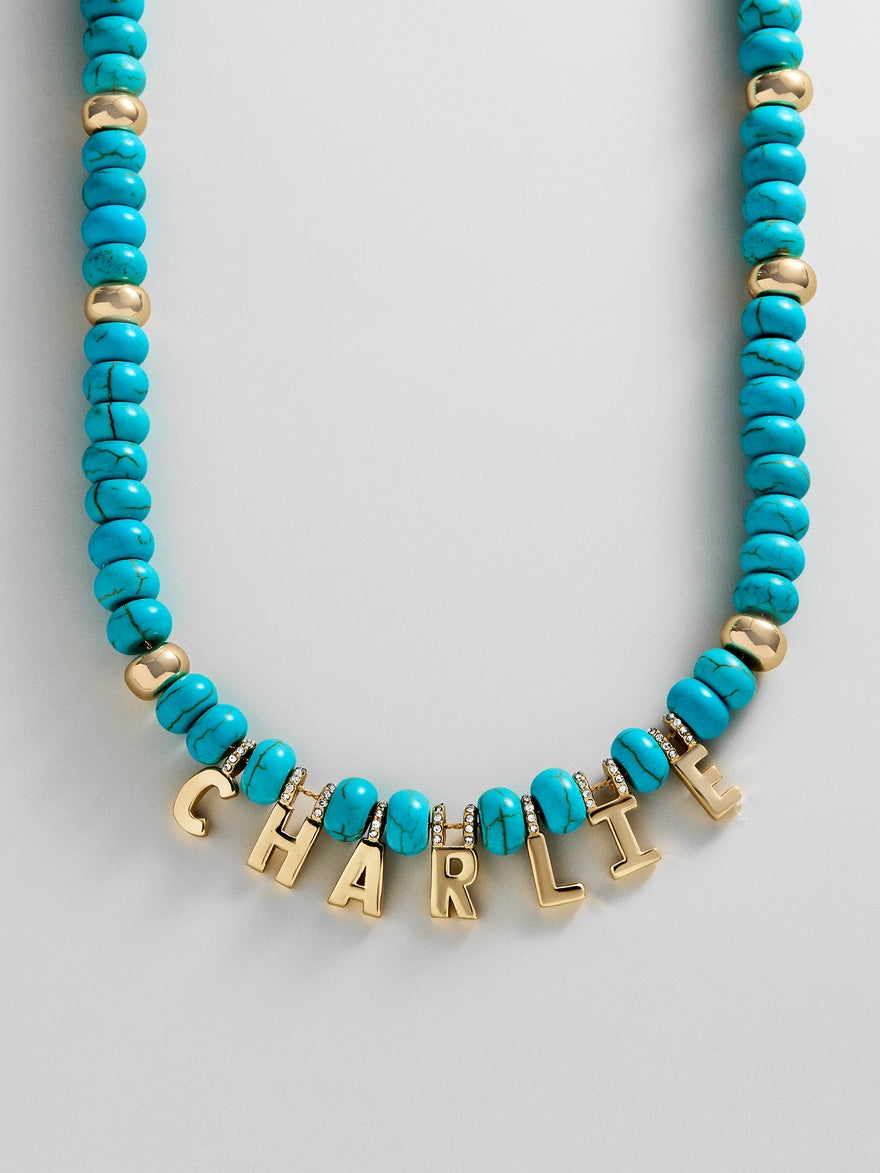 Semi-Precious Gold Custom Nameplate Necklace - Gold/Blue
