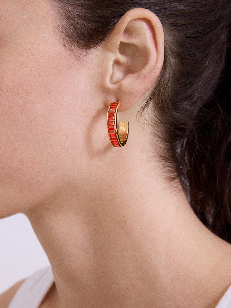 BaubleBar Game Day Baguette Hoop Earrings - Red - 
    Gold hoops with bedazzled stones 
  
