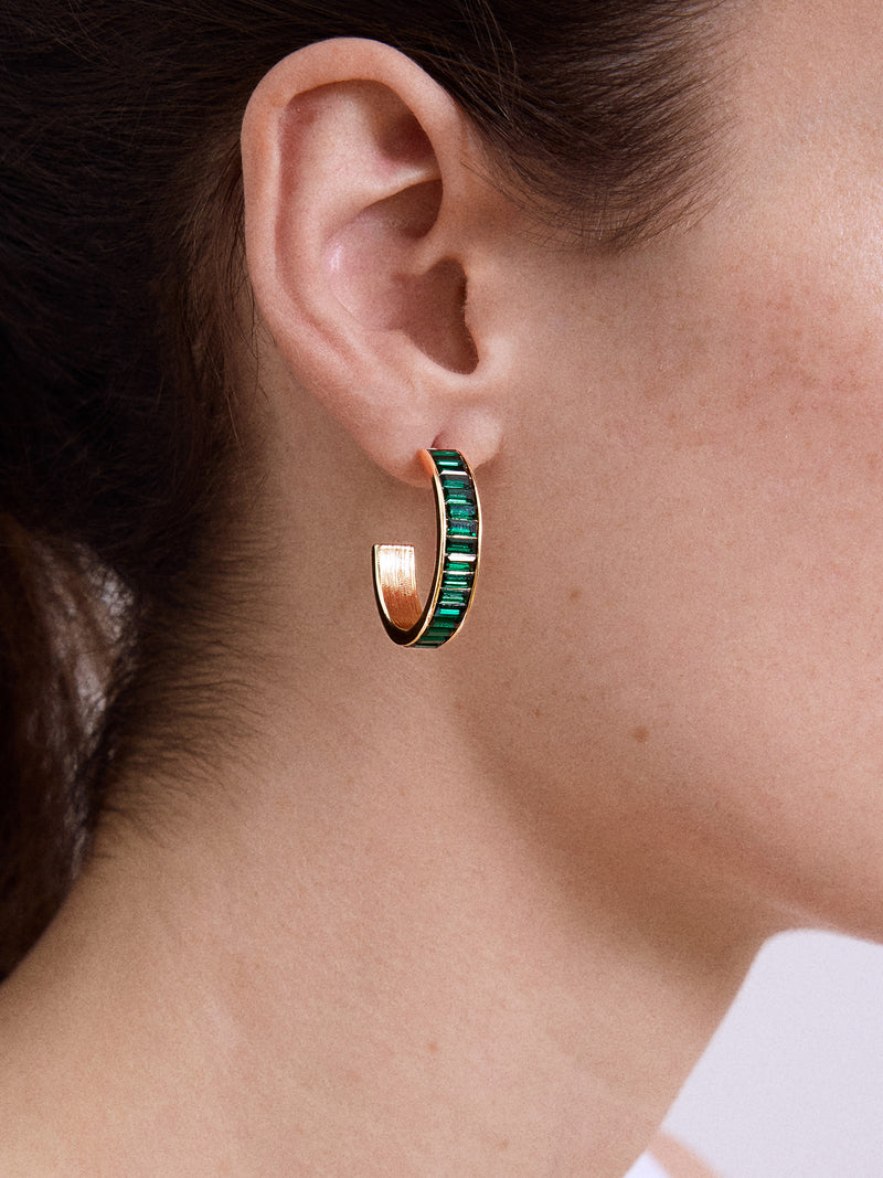 BaubleBar Game Day Baguette Hoop Earrings - Green - 
    Gold hoops with bedazzled stones 
  
