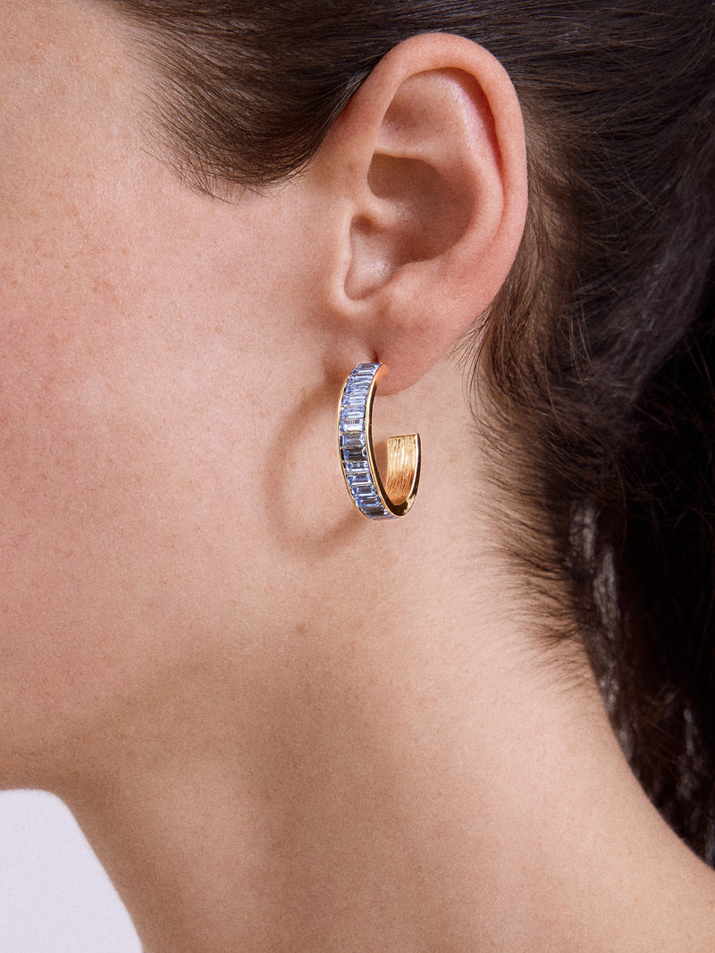 BaubleBar Game Day Baguette Hoop Earrings - Light Blue - 
    Gold hoops with bedazzled stones 
  
