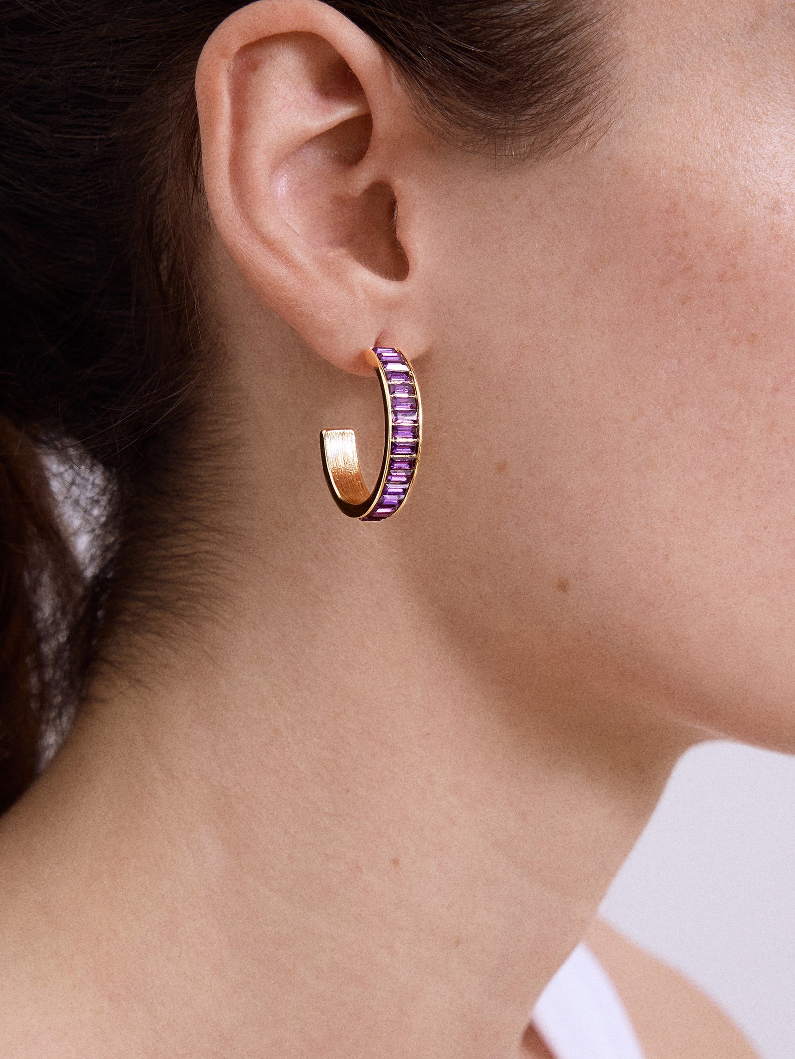 Game Day Baguette Hoop Earrings - Dark Purple – Gold hoops with