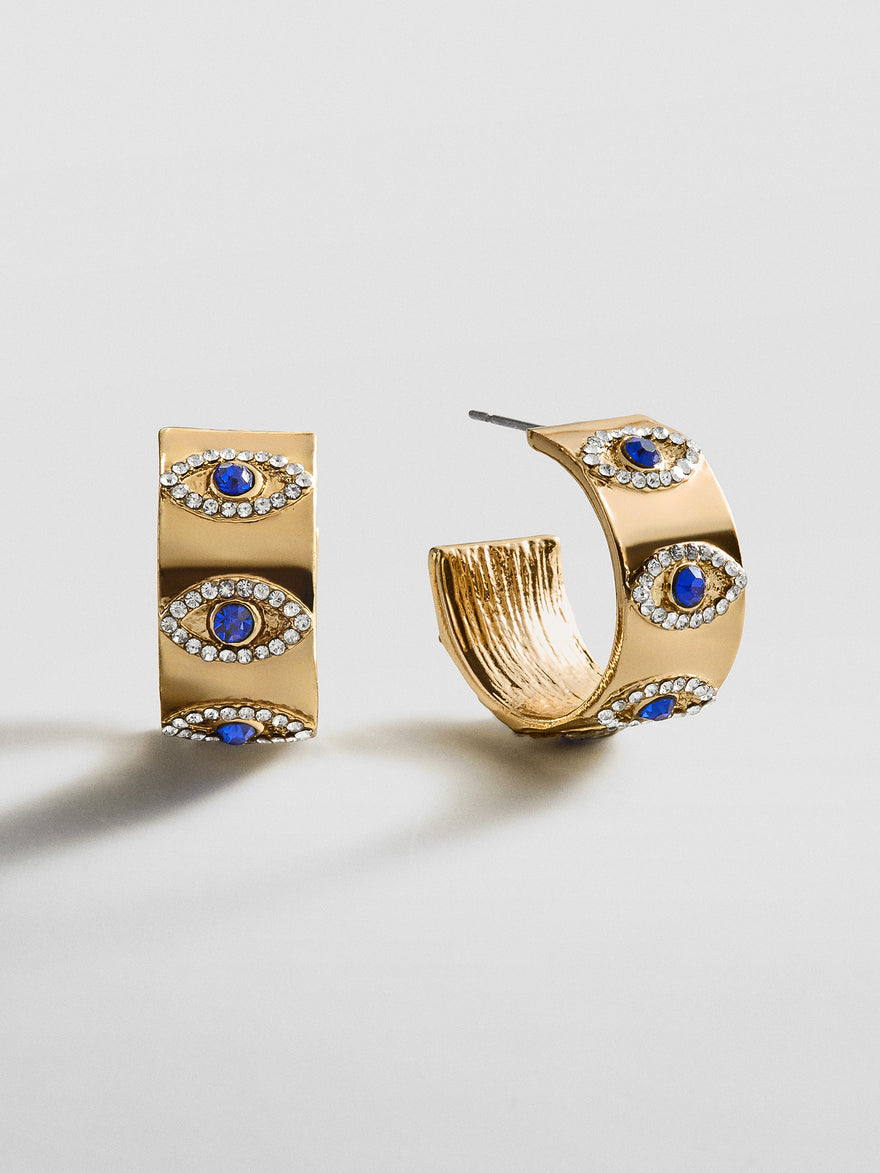 Evil Eye On Repeat Hoop Earrings - Gold/Blue