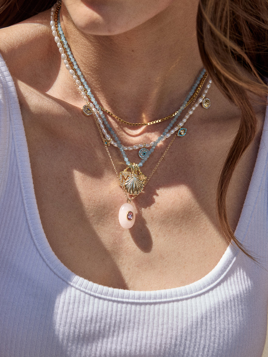 Semi-Precious Cluster Charm Necklace  Chain - Aquamarine