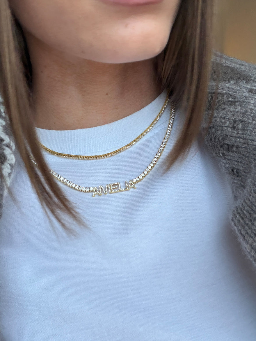 Billie 18K Gold Tennis Custom Nameplate Necklace - Block