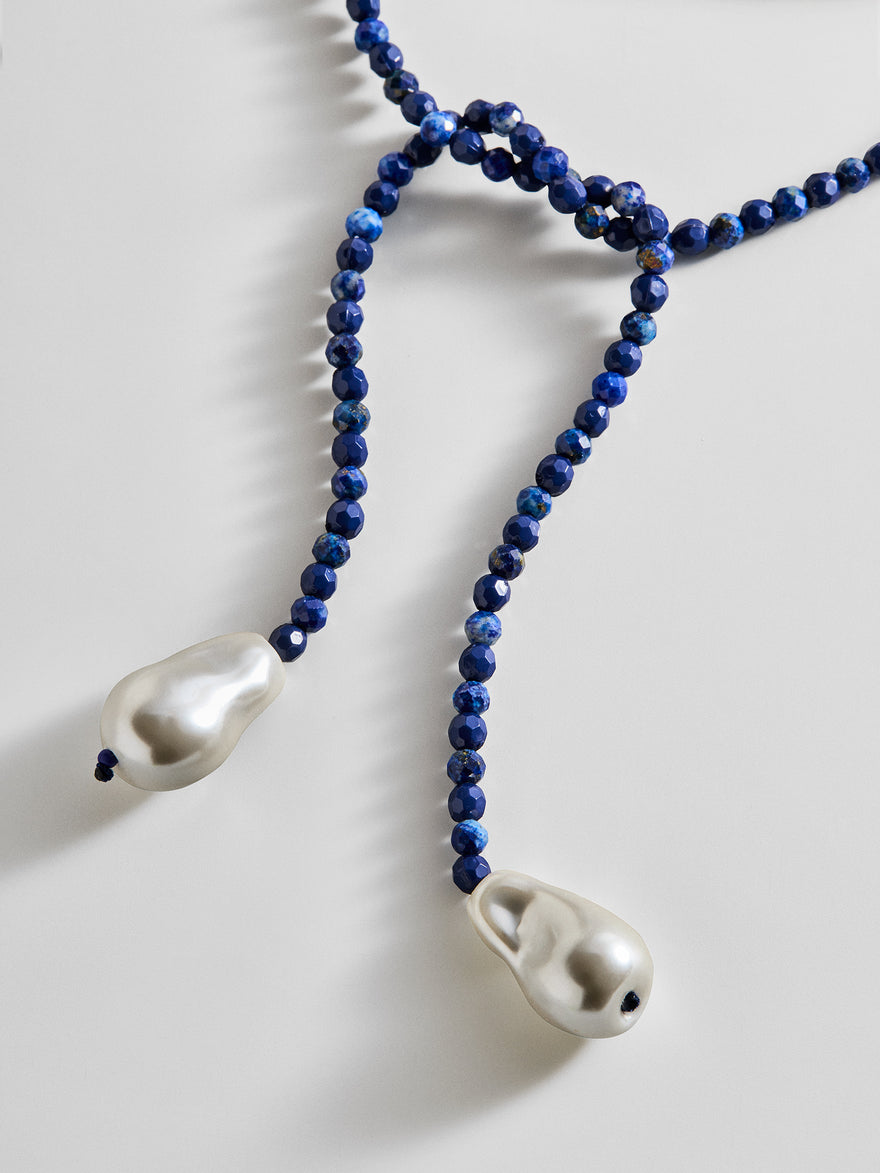 Semi-Precious Pearl Wrap Necklace - Lapis
