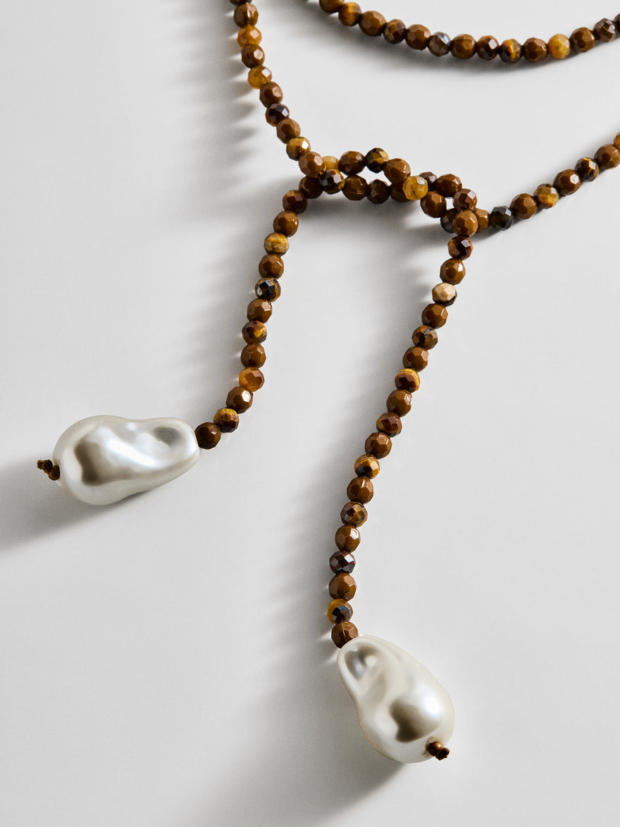 Semi-Precious Pearl Wrap Necklace - Tiger's Eye