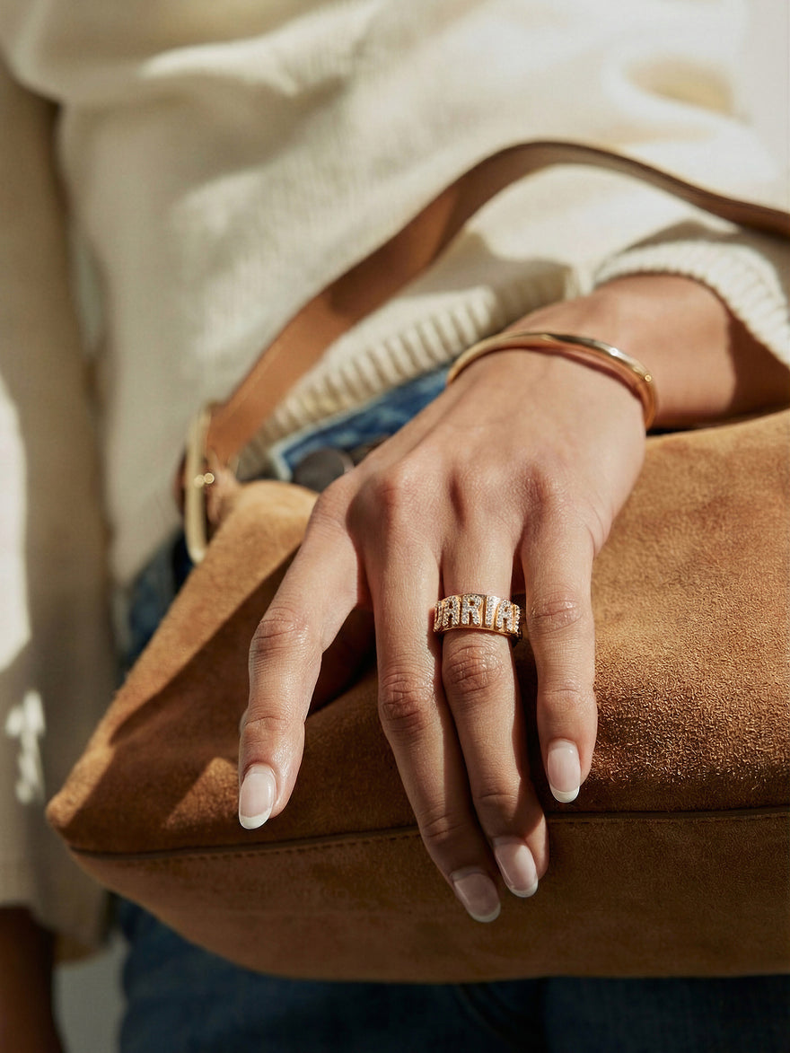 18K Gold Cigar Band Custom Ring - Gold/Pavé