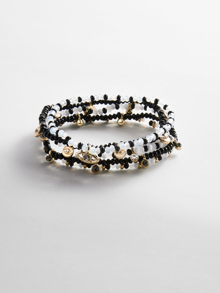 Indya Evil Eye Layered Bracelet Set - Black/White