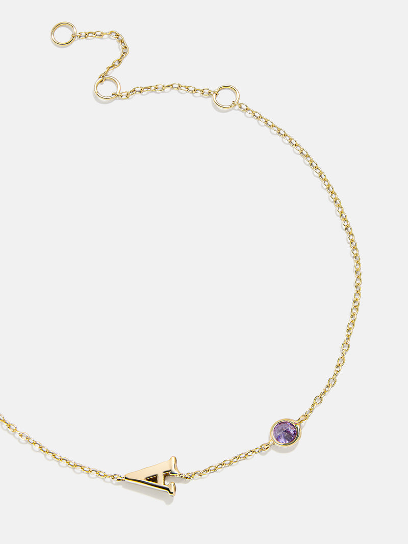 18K Gold Initial Birthstone Custom Bracelet - Light Amethyst