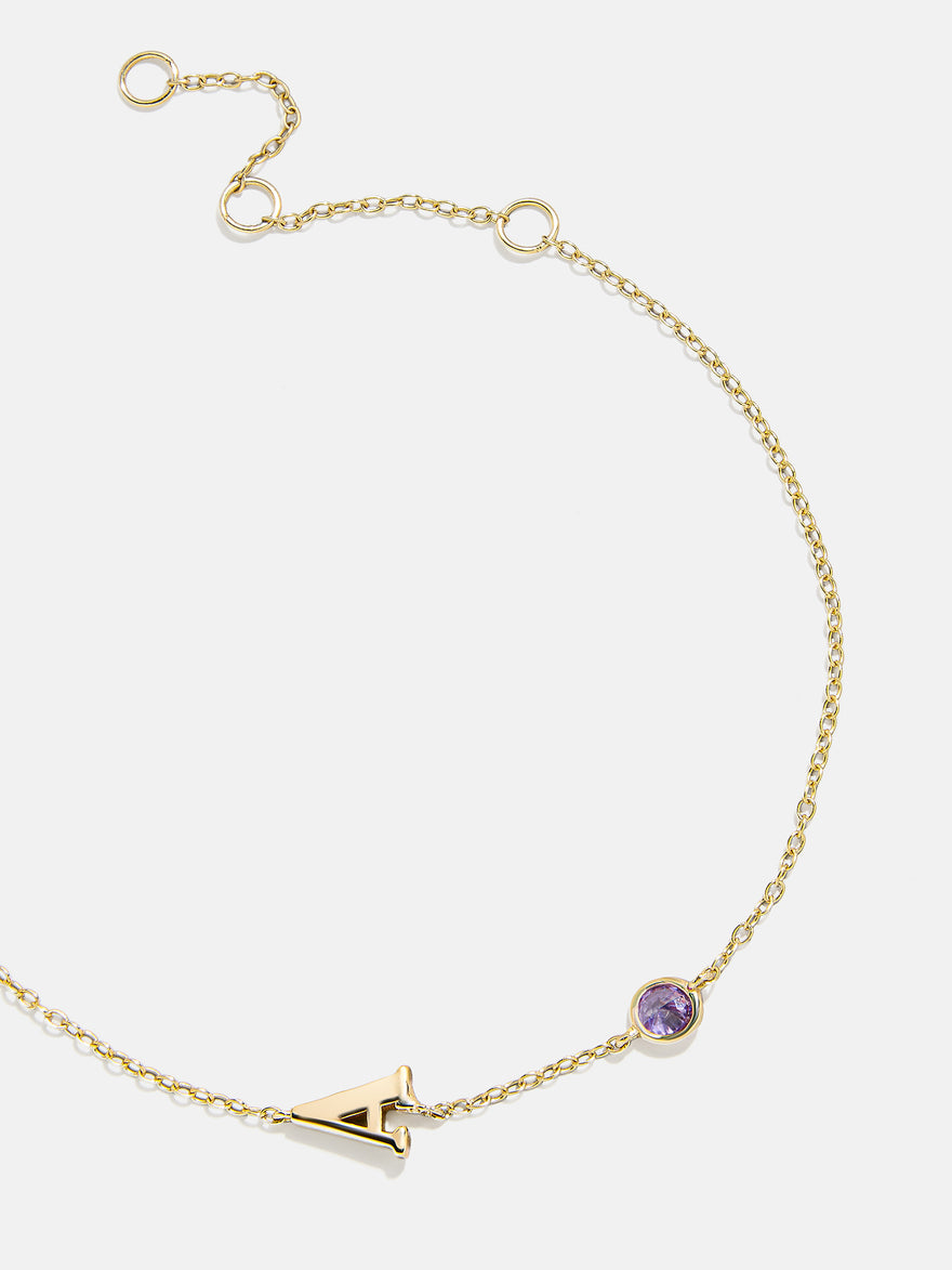 14K Gold Initial Birthstone Custom Bracelet - Light Amethyst