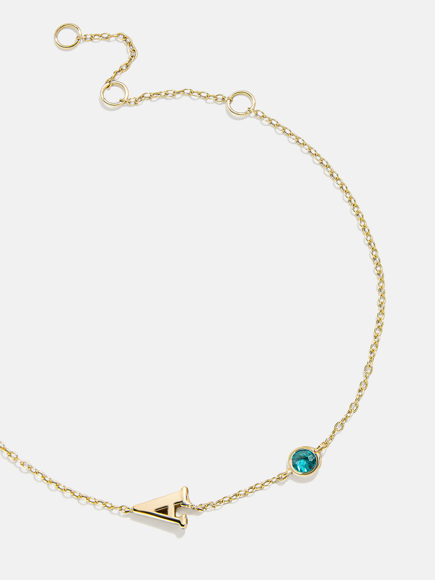 14K Gold Initial Birthstone Custom Bracelet - Blue Zircon