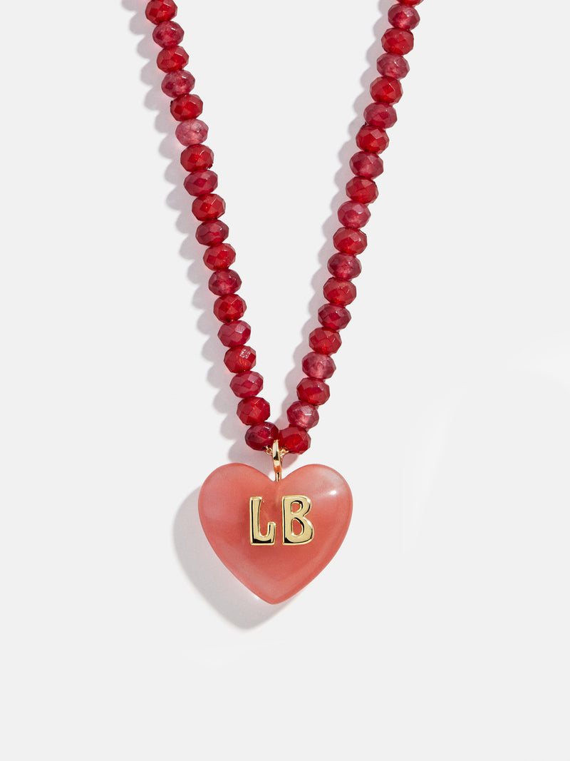 Semi-Precious Heart Custom Initial Necklace - Cherry Quartz