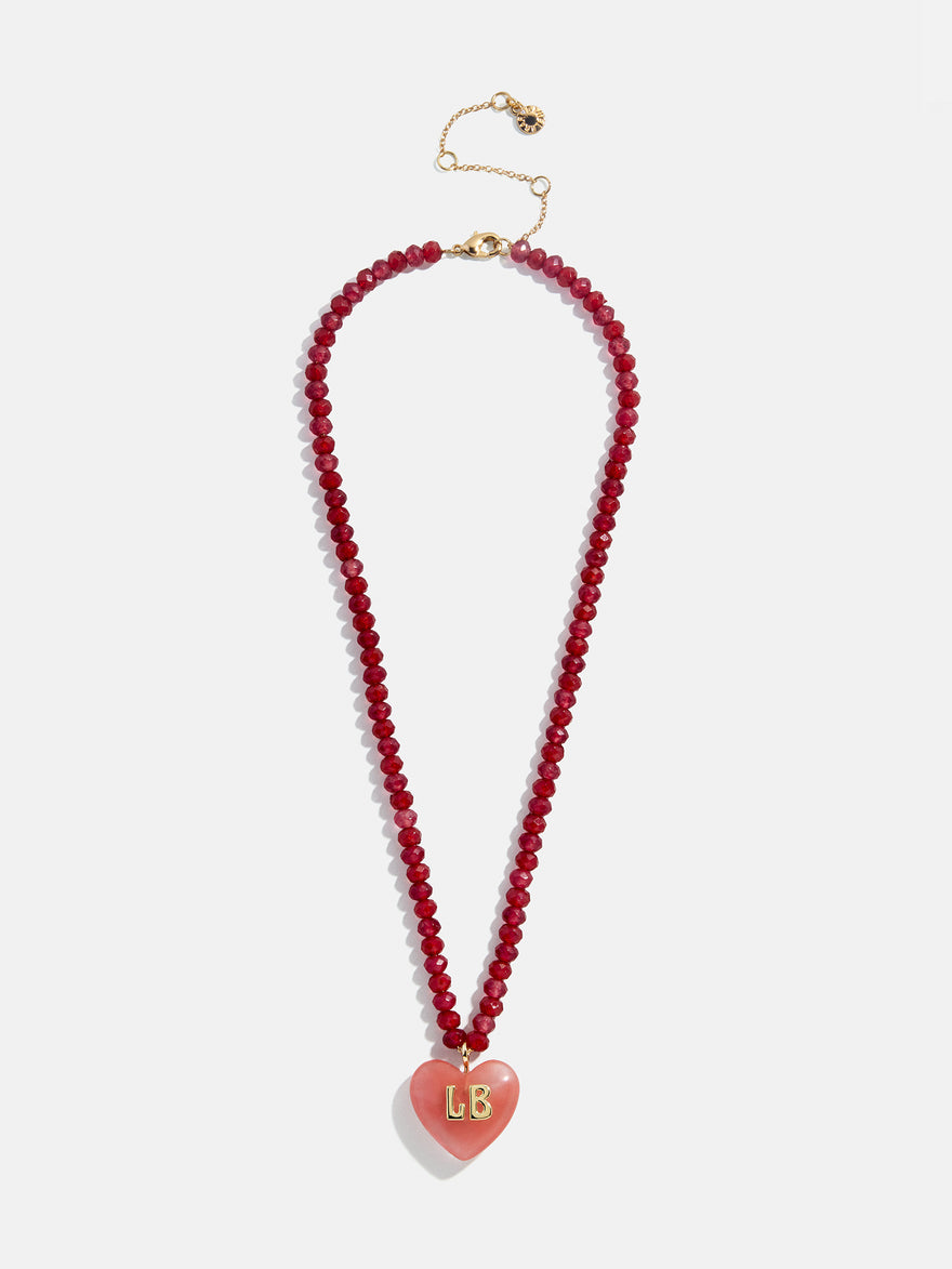 Semi-Precious Heart Custom Initial Necklace - Cherry Quartz