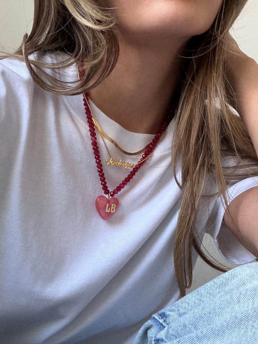 Semi-Precious Heart Custom Initial Necklace - Cherry Quartz