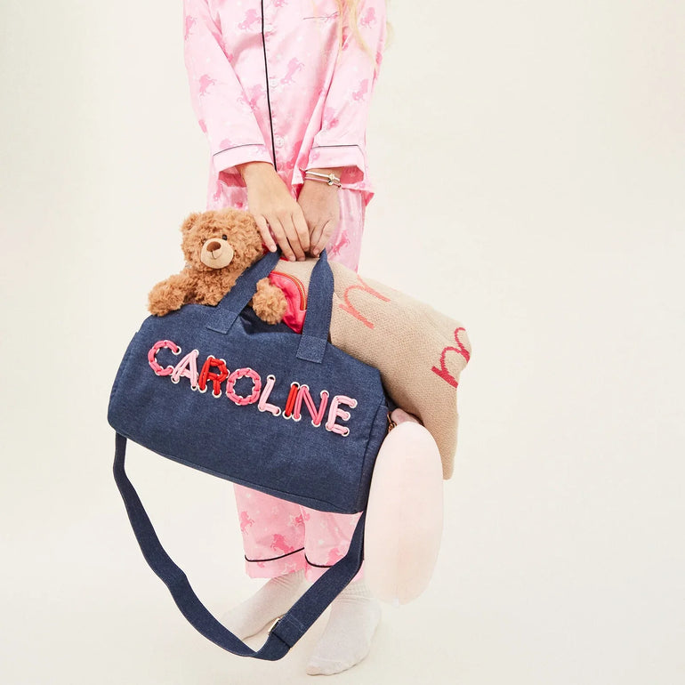 Thready to Go Kids' Custom Duffle in Dark Denim/Pink Multi | BaubleBar