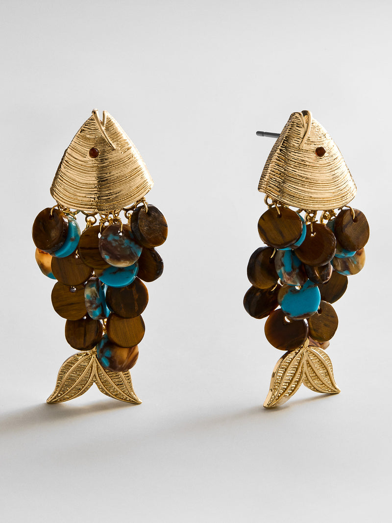 Ripple Effect Fish Earrings - Gold/Tiger’s Eye