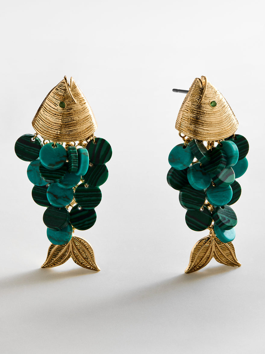 Ripple Effect Fish Earrings - Gold/Malachite