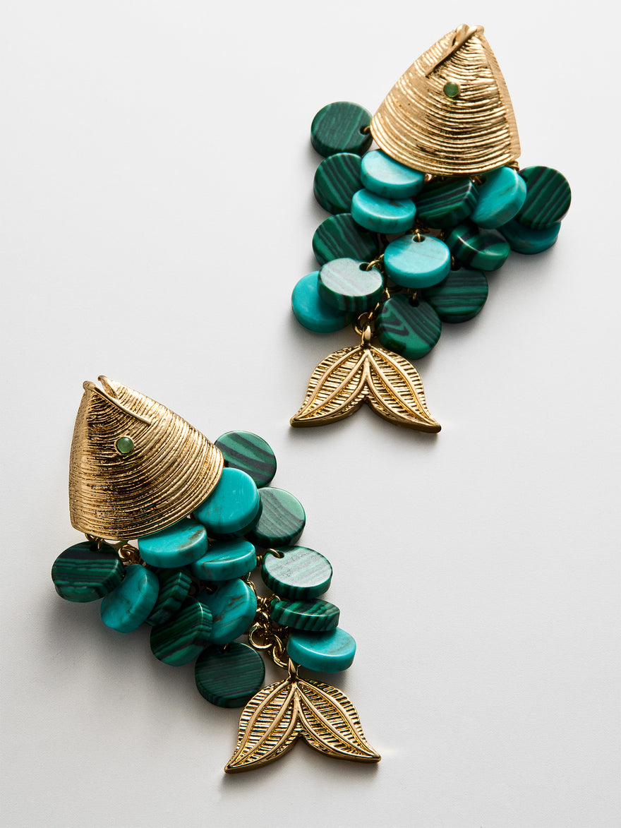 Ripple Effect Fish Earrings - Gold/Malachite