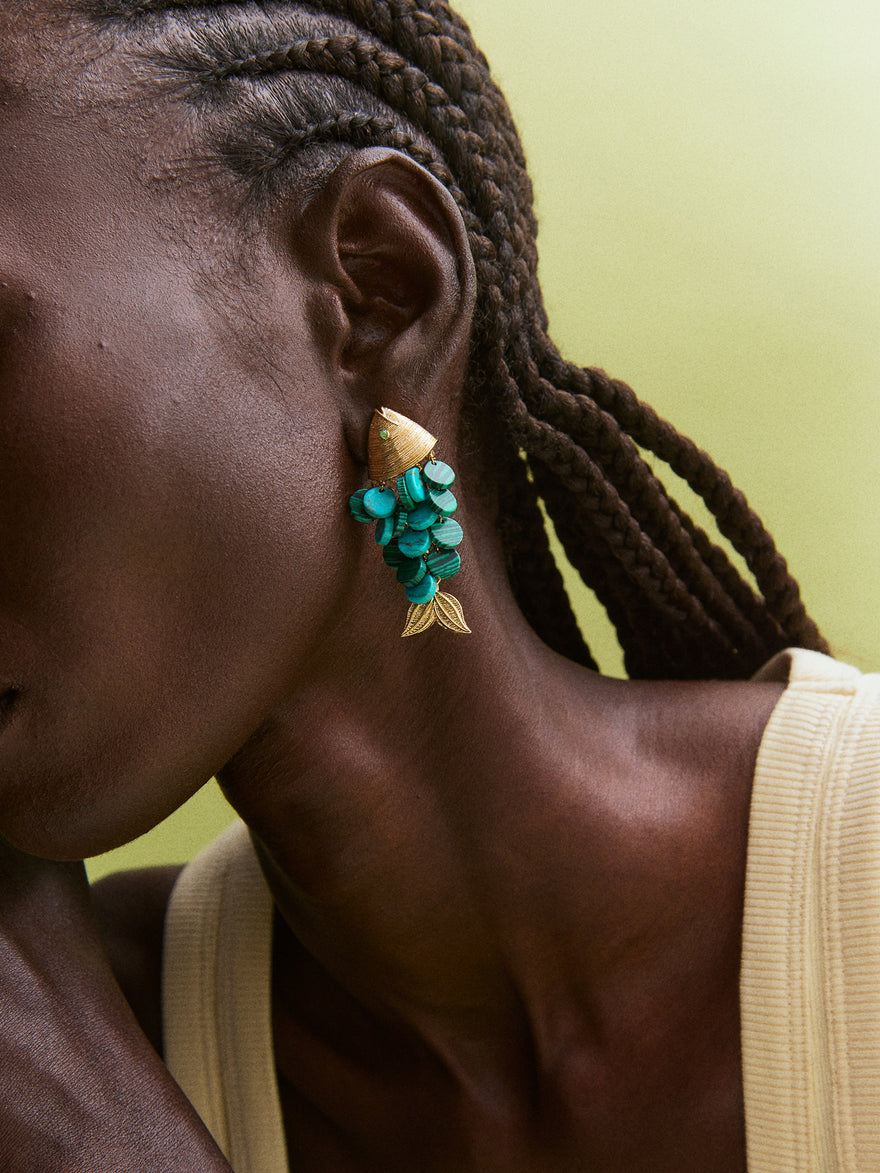 Ripple Effect Fish Earrings - Gold/Malachite